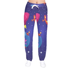 Cartoon-funny-aliens-with-ufo-duck-starry-sky-set Women Velvet Drawstring Pants by Salman4z