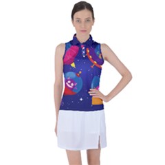 Cartoon-funny-aliens-with-ufo-duck-starry-sky-set Women s Sleeveless Polo Tee by Salman4z