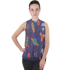 Space-seamless-pattern Mock Neck Chiffon Sleeveless Top