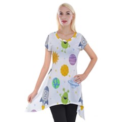 Seamless-pattern-cartoon-space-planets-isolated-white-background Short Sleeve Side Drop Tunic