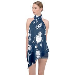 White-robot-blue-seamless-pattern Halter Asymmetric Satin Top by Salman4z