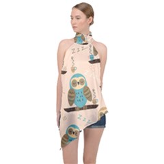 Seamless-pattern-owls-dream-cute-style-pajama-fabric Halter Asymmetric Satin Top by Salman4z