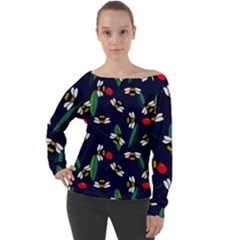 Art Floral Design Pattern Floral Pattern Off Shoulder Long Sleeve Velour Top by pakminggu