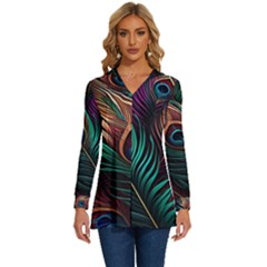 Peacock Feathers Nature Feather Pattern Long Sleeve Drawstring Hooded Top by pakminggu