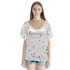 Spaceship Pattern Star V-neck Flutter Sleeve Top by danenraven