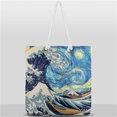 The Great Wave Of Kanagawa Painting Hokusai, Starry Night Vincent Van Gogh Full Print Rope Handle Tote (large) by Bakwanart