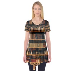 Books On Bookshelf Assorted Color Book Lot In Bookcase Library Short Sleeve Tunic  by 99art