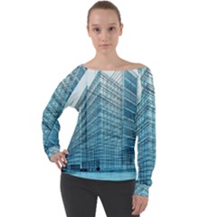 Architecture Blue Drawing Engineering City Modern Building Exterior Off Shoulder Long Sleeve Velour Top by 99art