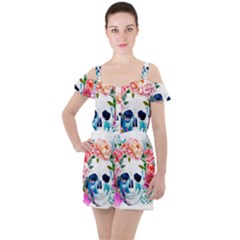 Day Of The Dead Skull Art Ruffle Cut Out Chiffon Playsuit by 99art