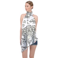 Drawing Clip Art Hand Painted Abstract Creative Space Squid Radio Halter Asymmetric Satin Top