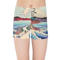 Wave Japanese Mount Fuji Woodblock Print Ocean Kids  Sports Shorts by Cowasu