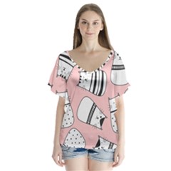 Cute Cats Cartoon Seamless-pattern V-neck Flutter Sleeve Top