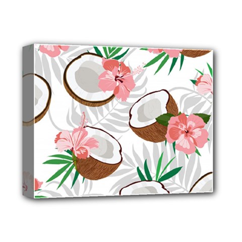 Seamless Pattern Coconut Piece Palm Leaves With Pink Hibiscus Deluxe Canvas 14  X 11  (stretched)