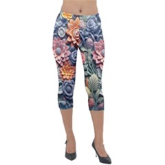 3d Flower Bloom Embossed Pattern Lightweight Velour Capri Leggings 