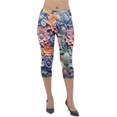 3d Flower Bloom Embossed Pattern Lightweight Velour Capri Leggings  by Vaneshop