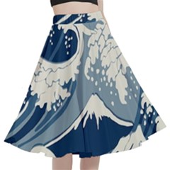 Japanese Wave Pattern A-line Full Circle Midi Skirt With Pocket