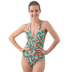 Multicolored Honeycomb Colorful Abstract Geometry Halter Cut-out One Piece Swimsuit by Vaneshop