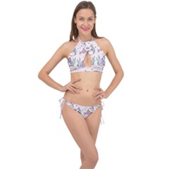 Cartoon Cat Cute Animal Design Drawing Illustration Kawaii Cross Front Halter Bikini Set by Grandong