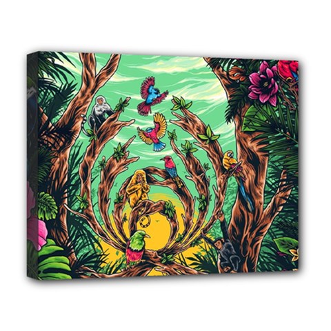 Monkey Tiger Bird Parrot Forest Jungle Style Deluxe Canvas 20  X 16  (stretched) by Grandong