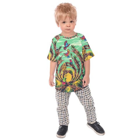 Monkey Tiger Bird Parrot Forest Jungle Style Kids  Raglan Tee by Grandong