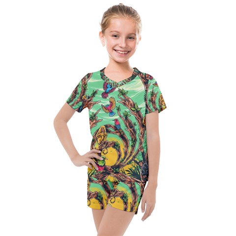 Monkey Tiger Bird Parrot Forest Jungle Style Kids  Mesh Tee And Shorts Set by Grandong