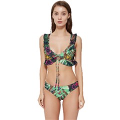 Monkey Tiger Bird Parrot Forest Jungle Style Low Cut Ruffle Edge Bikini Set by Grandong