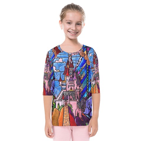 Beauty Stained Glass Castle Building Kids  Quarter Sleeve Raglan Tee by Cowasu