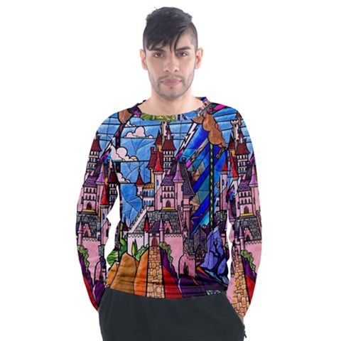 Beauty Stained Glass Castle Building Men s Long Sleeve Raglan Tee by Cowasu