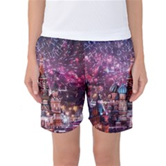 Moscow Kremlin Saint Basils Cathedral Architecture  Building Cityscape Night Fireworks Women s Basketball Shorts by Cowasu