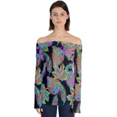 Autumn Pattern Dried Leaves Off Shoulder Long Sleeve Top by Simbadda