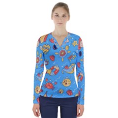 Hand-drawn-seamless-pattern-summer-time V-neck Long Sleeve Top by uniart180623