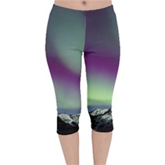 Aurora Stars Sky Mountains Snow Aurora Borealis Velvet Capri Leggings  by uniart180623