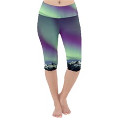 Aurora Stars Sky Mountains Snow Aurora Borealis Lightweight Velour Cropped Yoga Leggings by uniart180623