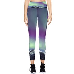 Aurora Stars Sky Mountains Snow Aurora Borealis Pocket Leggings  by uniart180623