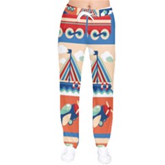 Toy-transport-cartoon-seamless-pattern-with-airplane-aerostat-sail-yacht-vector-illustration Women Velvet Drawstring Pants by uniart180623
