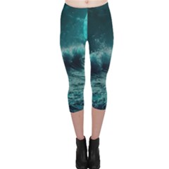 Waves Ocean Sea Tsunami Nautical Blue Sea Art Capri Leggings  by uniart180623