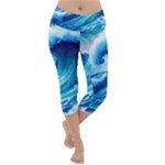 Tsunami Tidal Wave Ocean Waves Sea Nature Water Blue Painting Lightweight Velour Capri Yoga Leggings