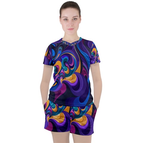 Colorful Waves Abstract Waves Curves Art Abstract Material Material Design Women s Tee And Shorts Set by uniart180623