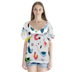Vector Set Isolates With Cute Bird Scandinavian Style V-neck Flutter Sleeve Top by Simbadda