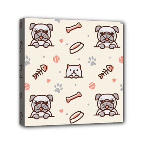 Pug-dog-cat-with-bone-fish-bones-paw-prints-ball-seamless-pattern-vector-background Mini Canvas 6  X 6  (stretched) by Simbadda