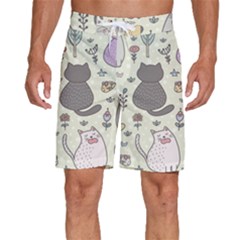 Funny Cartoon Cat Seamless Pattern Men s Beach Shorts by Simbadda