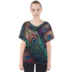 Peacock Feathers Nature Feather Pattern V-neck Dolman Drape Top by pakminggu