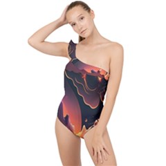 Fire Flame Burn Hot Heat Light Burning Orange Frilly One Shoulder Swimsuit