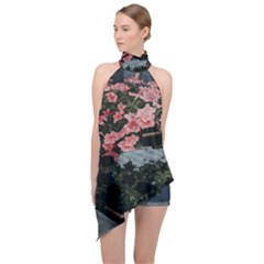 Pink Peony  Flower Halter Asymmetric Satin Top by artworkshop