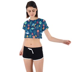 Variety Of Fish Illustration Turtle Jellyfish Art Texture Tie Back Short Sleeve Crop Tee by Grandong