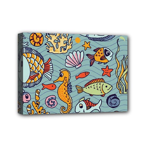 Cartoon Underwater Seamless Pattern With Crab Fish Seahorse Coral Marine Elements Mini Canvas 7  X 5  (stretched)