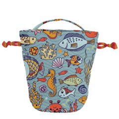Cartoon Underwater Seamless Pattern With Crab Fish Seahorse Coral Marine Elements Drawstring Bucket Bag by uniart180623