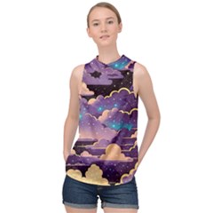 Fluffy Clouds Night Sky High Neck Satin Top by uniart180623