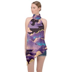 Fluffy Clouds Night Sky Halter Asymmetric Satin Top by uniart180623