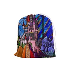 Beauty Stained Glass Castle Building Drawstring Pouch (large) by Cowasu